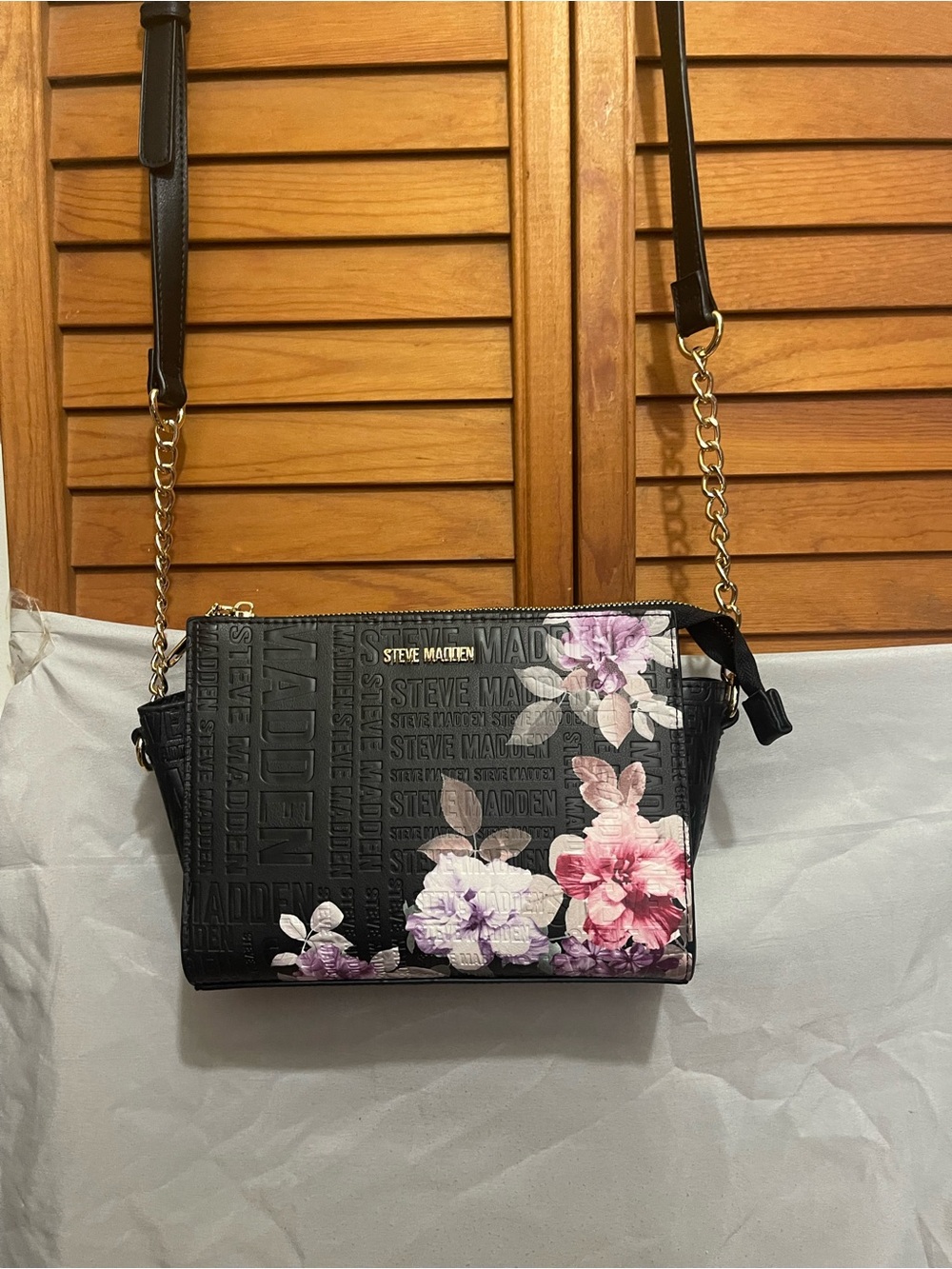 Steve Madden Black Crossbody Bag with Pink & Purple Floral Print